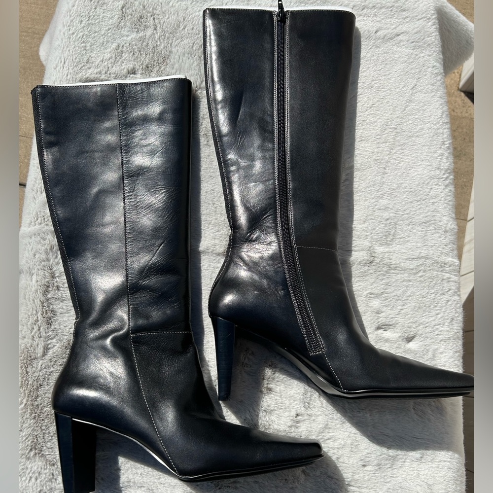 Anne Klein size 10 women’s leather 3 inch heel knee high black boots